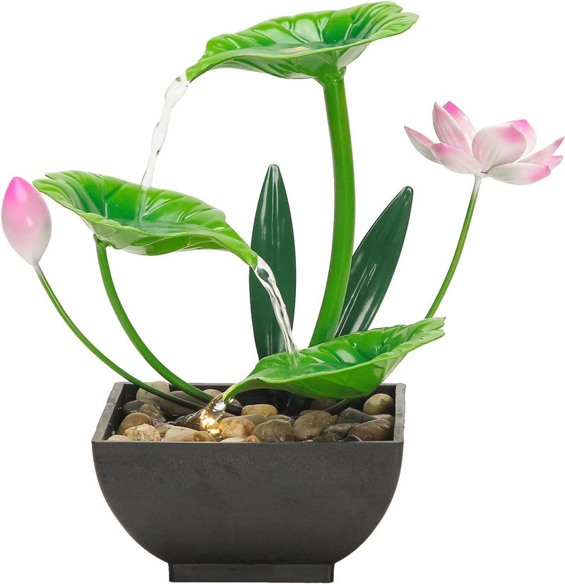 YOQUATE Water Fountain Indoor Waterfall Fountain 3-Tier Tabletop Fountain Lotus Desk Relaxation Home Decor Including Lots of Rocks and Soothing Sound Machine (Green 1) - Image 1